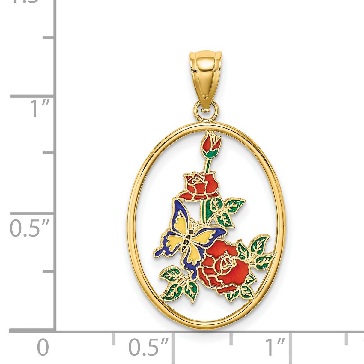 14k Yellow Gold Oval Pendant with Enamel Butterfly and Red Rose Design