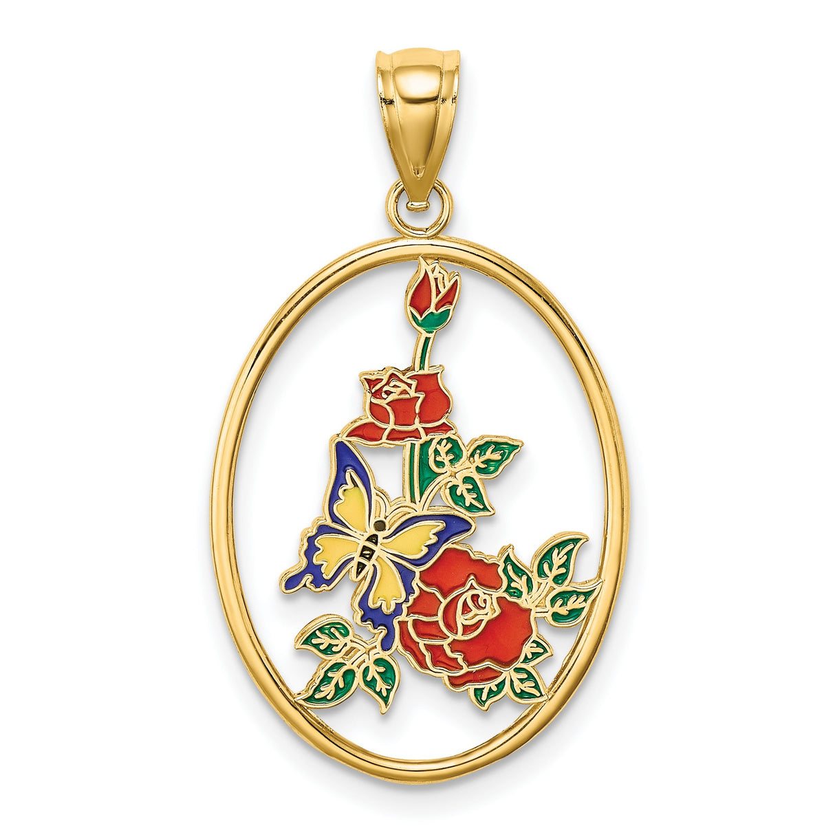 14k Yellow Gold Oval Pendant with Enamel Butterfly and Red Rose Design