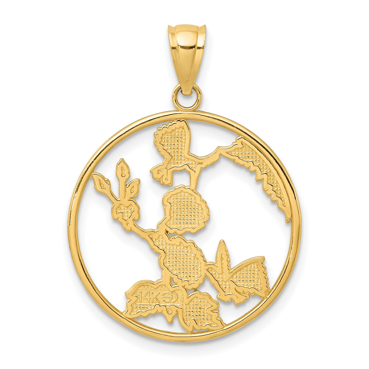 14k Yellow Gold Round Pendant with Enamel Hummingbird, Pink Flower and Green Leaf Design
