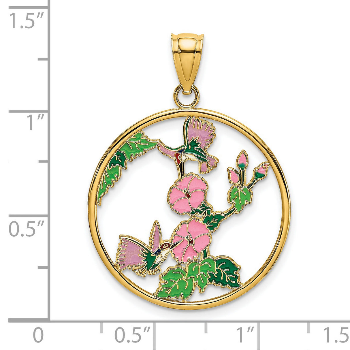 14k Yellow Gold Round Pendant with Enamel Hummingbird, Pink Flower and Green Leaf Design