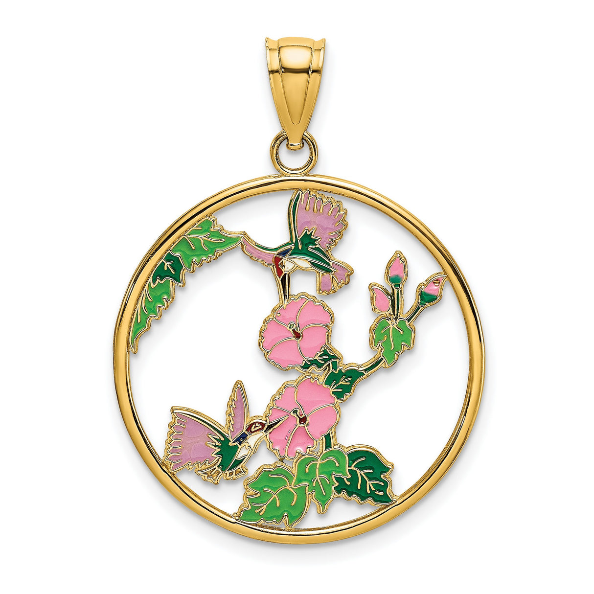 14k Yellow Gold Round Pendant with Enamel Hummingbird, Pink Flower and Green Leaf Design