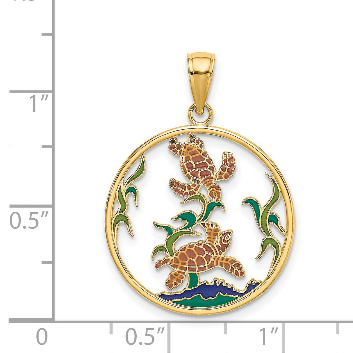 14k Yellow Gold Pendant with Enamel Sea Turtles and Seaweed Design, Ocean Theme