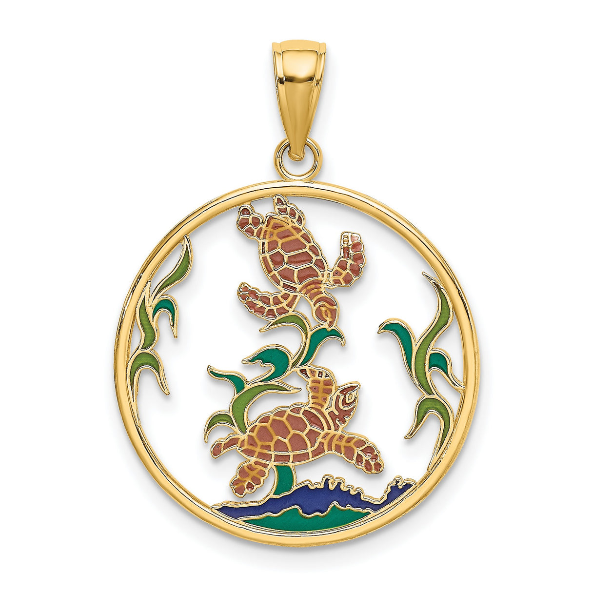14k Yellow Gold Pendant with Enamel Sea Turtles and Seaweed Design, Ocean Theme