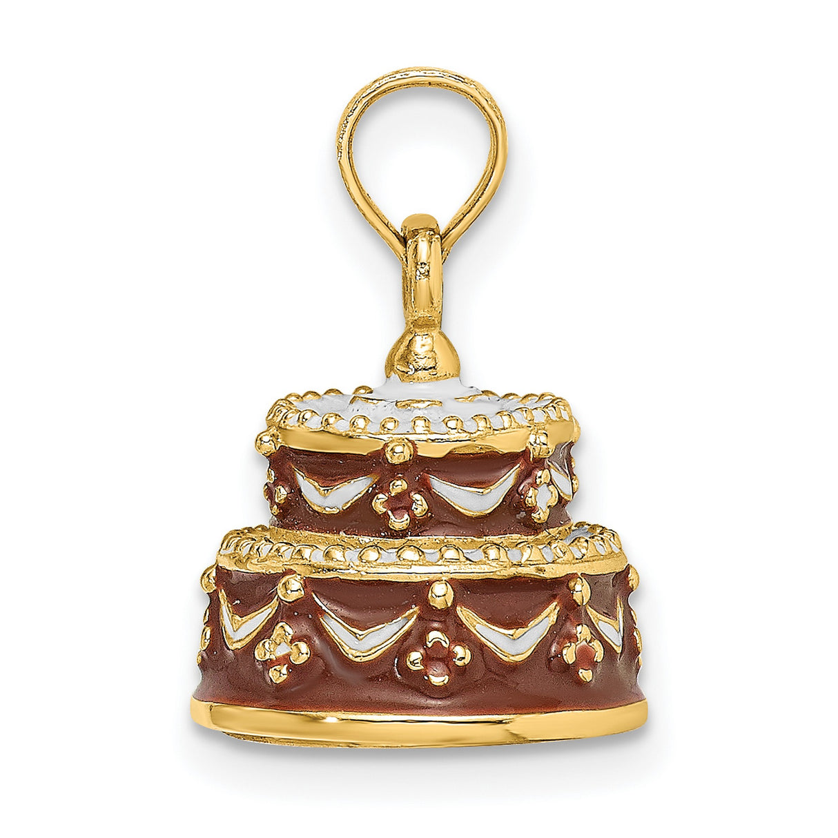 14k Yellow Gold Cake Charm Pendant with Red and White Enamel, Birthday or Anniversary Jewelry