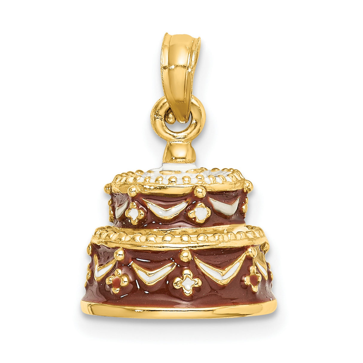 14k Yellow Gold Cake Charm Pendant with Red and White Enamel, Birthday or Anniversary Jewelry