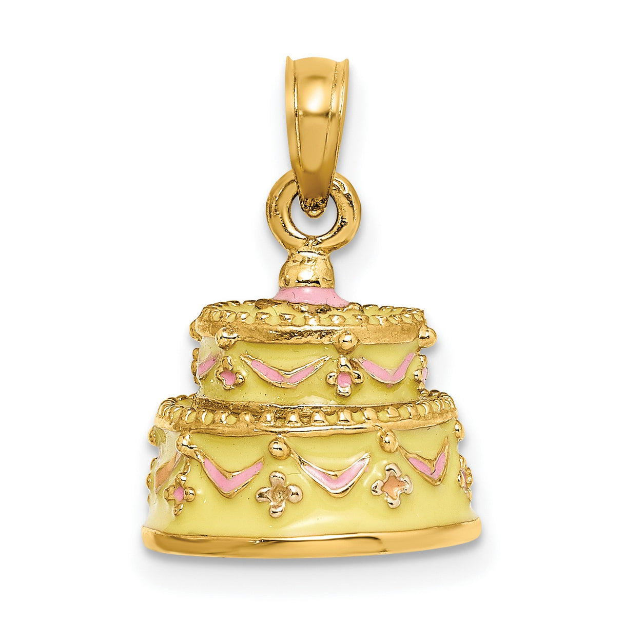 14k Yellow Gold Wedding Cake Pendant with Pink Enamel, Draped Motif and Floral Design