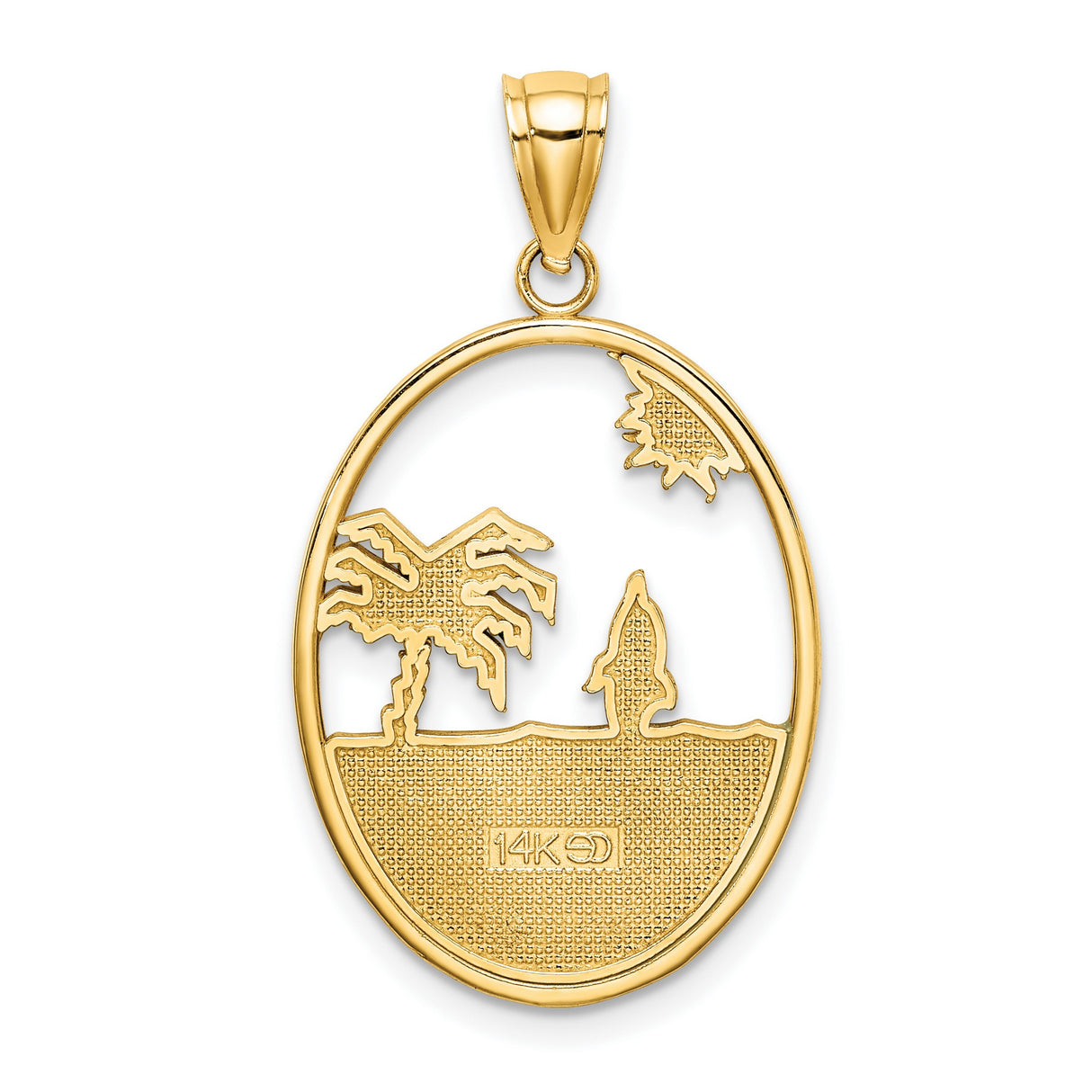 14k Yellow Gold Tropical Beach Pendant with Dolphin, Palm Tree, Waves and Sun