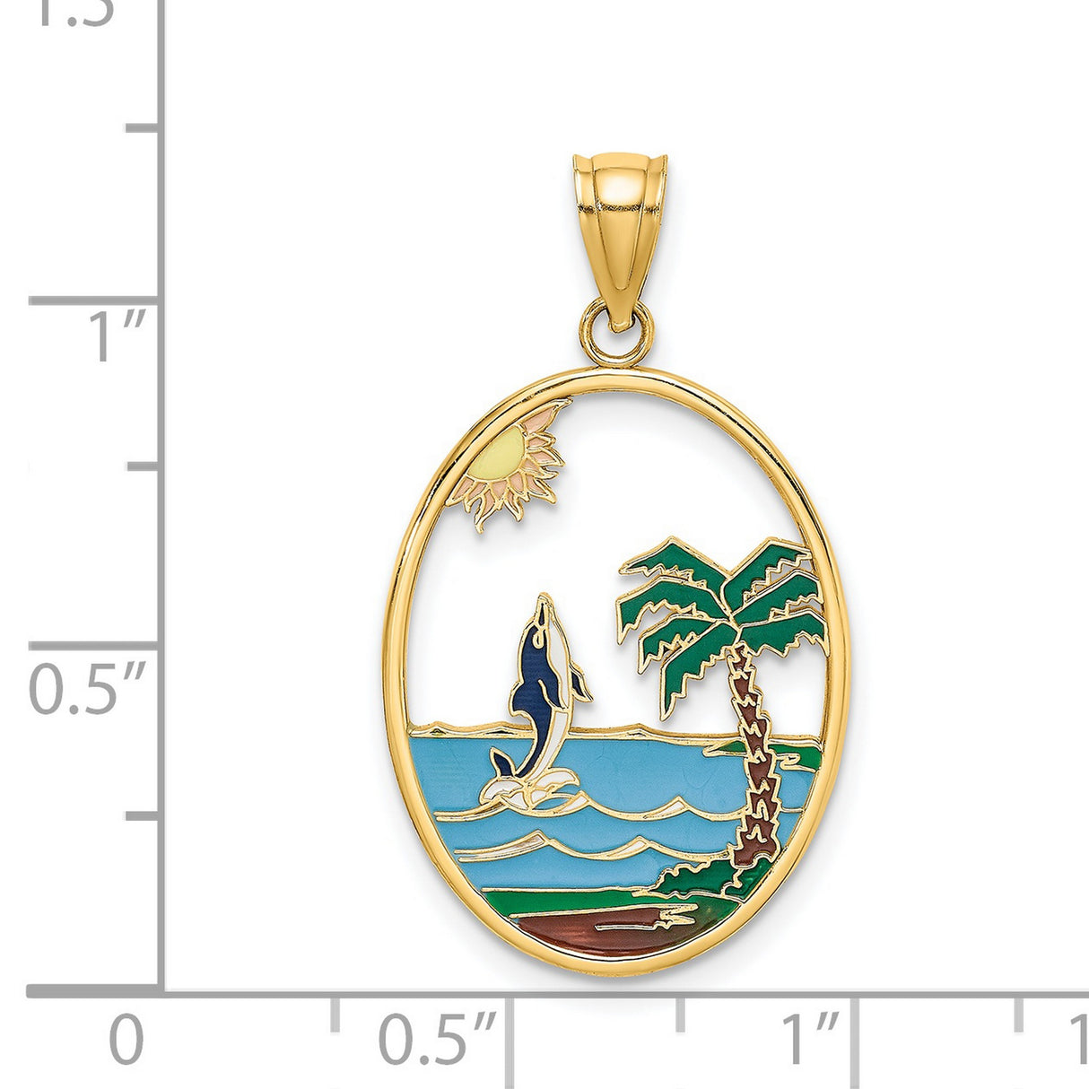 14k Yellow Gold Tropical Beach Pendant with Dolphin, Palm Tree, Waves and Sun
