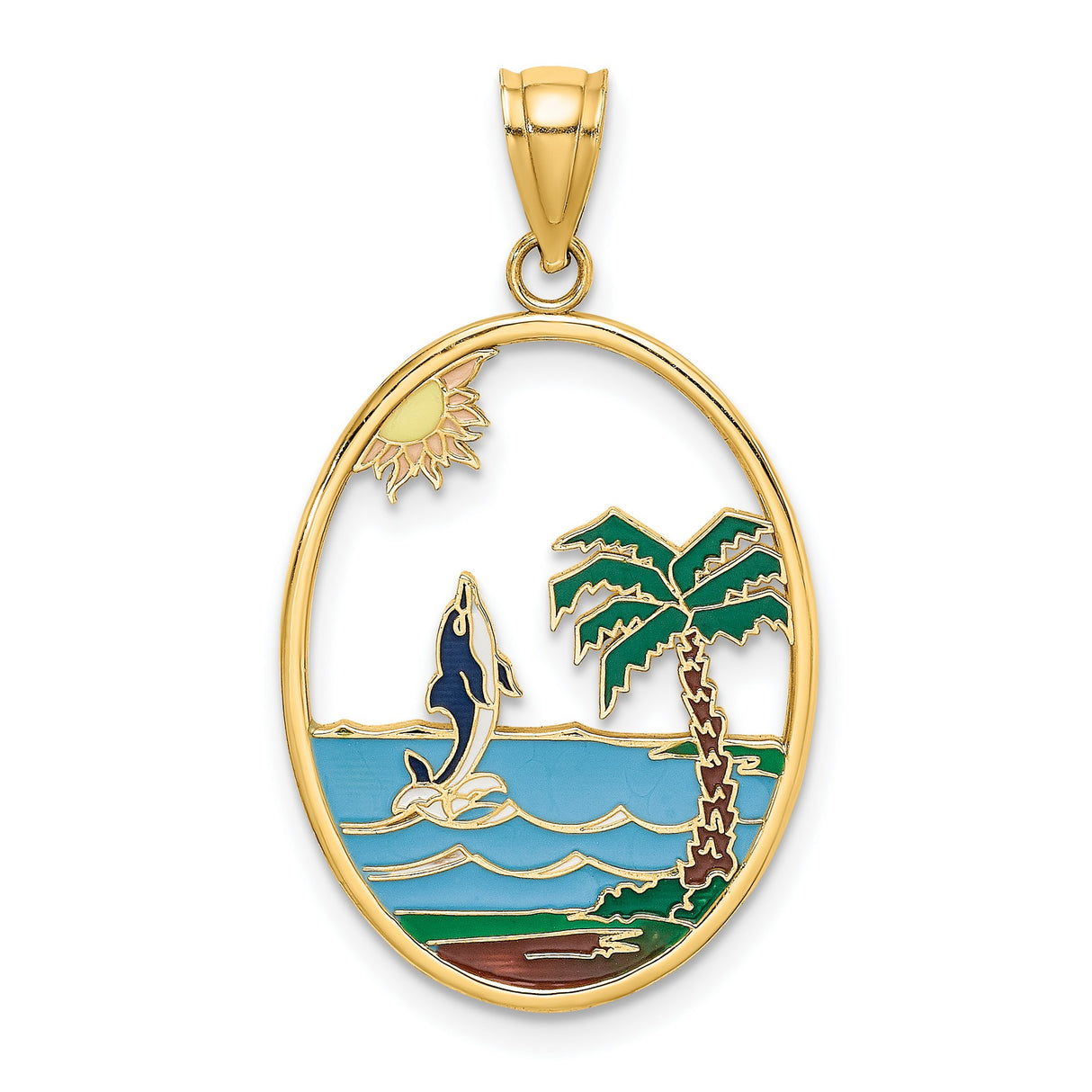 14k Yellow Gold Tropical Beach Pendant with Dolphin, Palm Tree, Waves and Sun