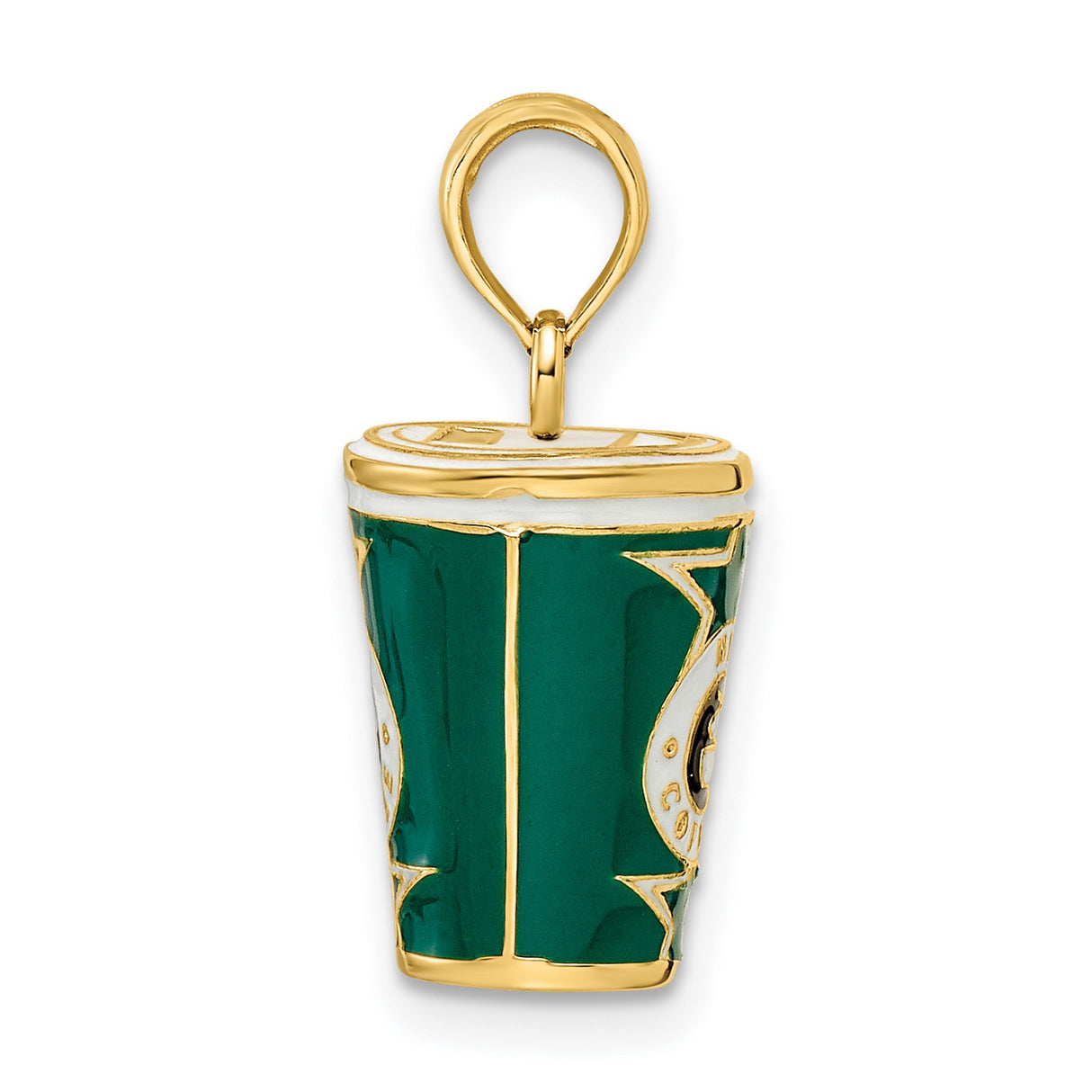 14k Yellow Gold Coffee Pendant with Green and White Enamel, Steaming Cup Design