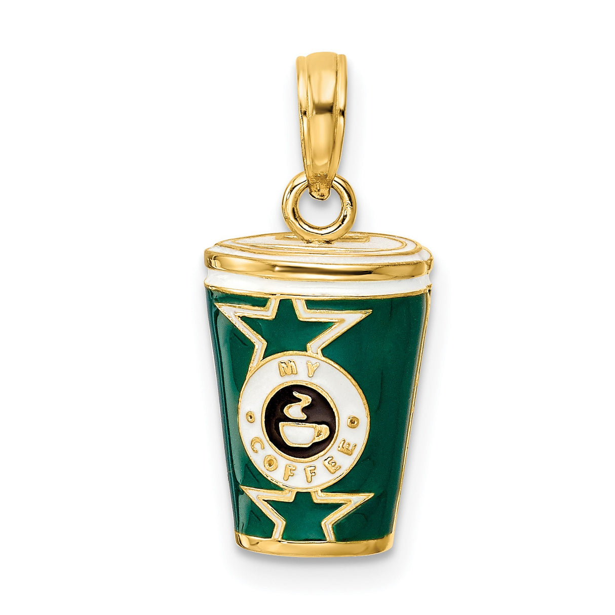 14k Yellow Gold Coffee Pendant with Green and White Enamel, Steaming Cup Design