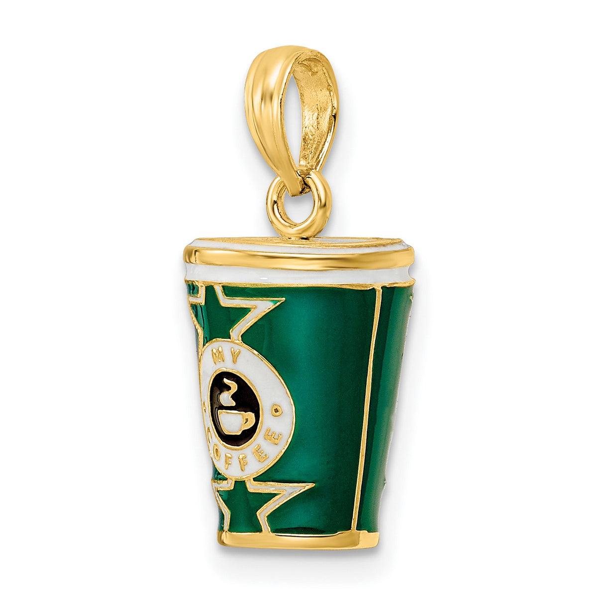 14k Yellow Gold Coffee Pendant with Green and White Enamel, Steaming Cup Design