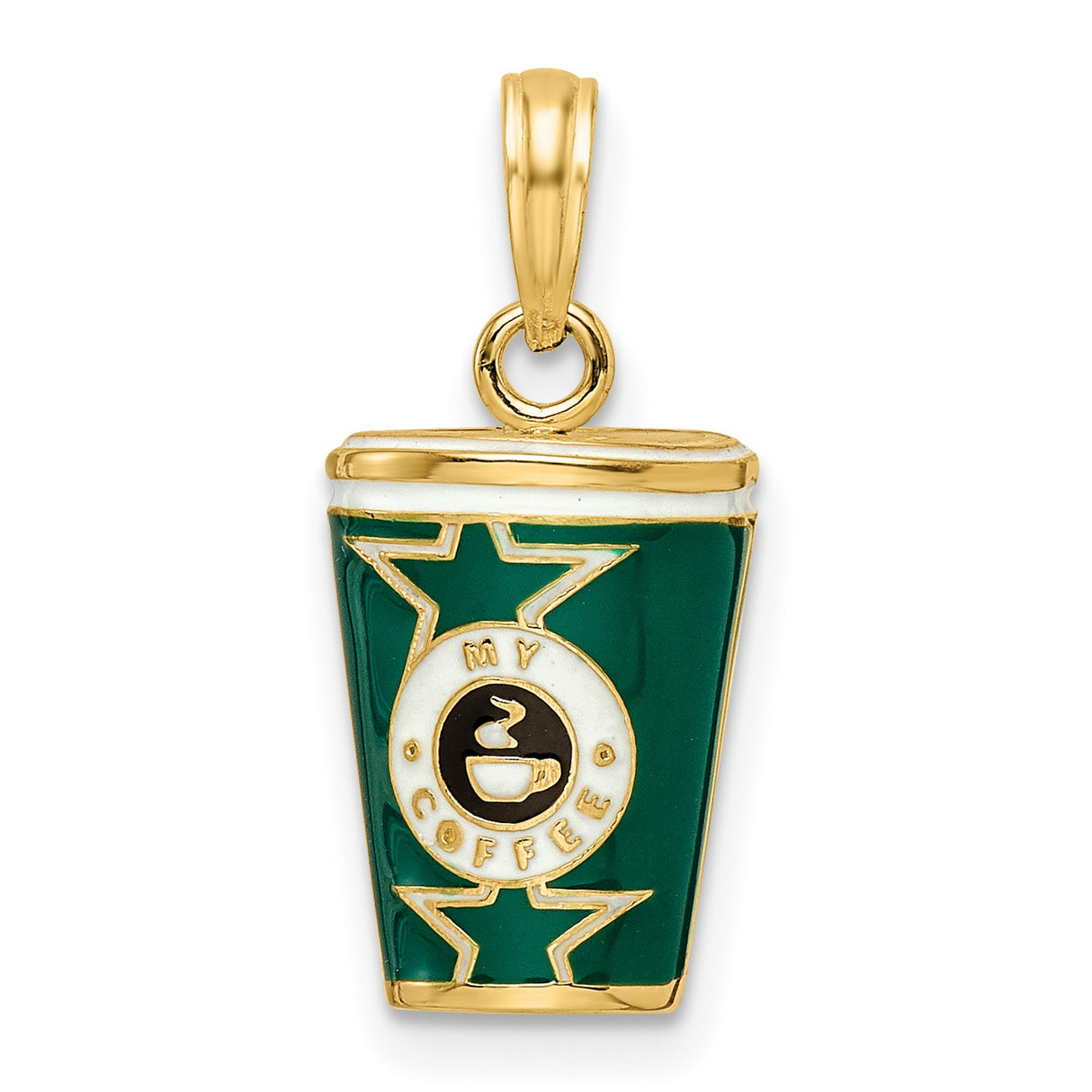 14k Yellow Gold Coffee Pendant with Green and White Enamel, Steaming Cup Design