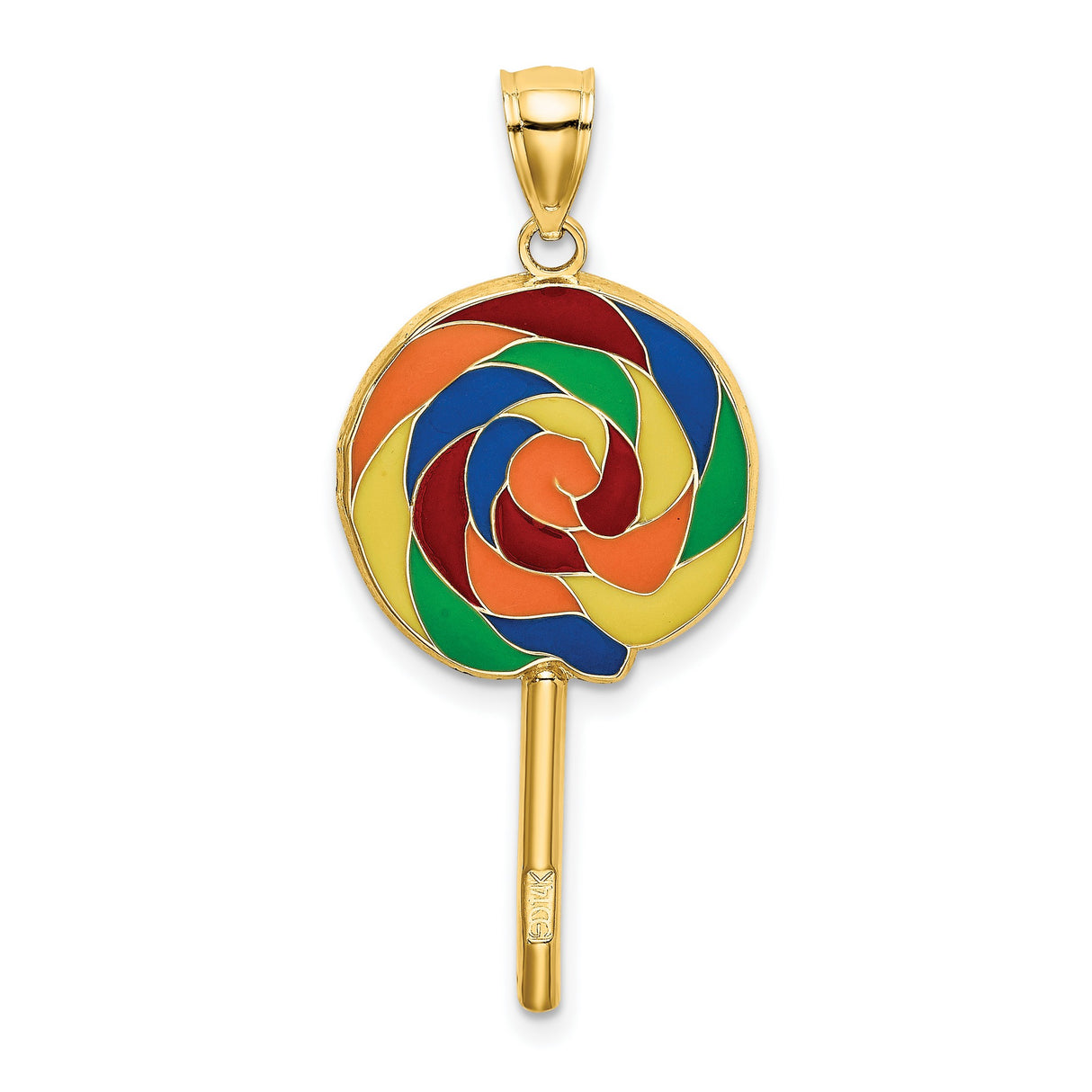 14k Yellow Gold Lollipop Candy Pendant with Colorful Enamel Swirl Design, Whimsical Charm