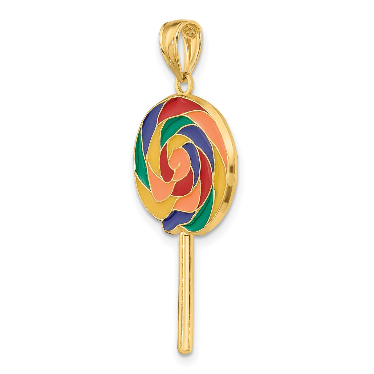 14k Yellow Gold Lollipop Candy Pendant with Colorful Enamel Swirl Design, Whimsical Charm