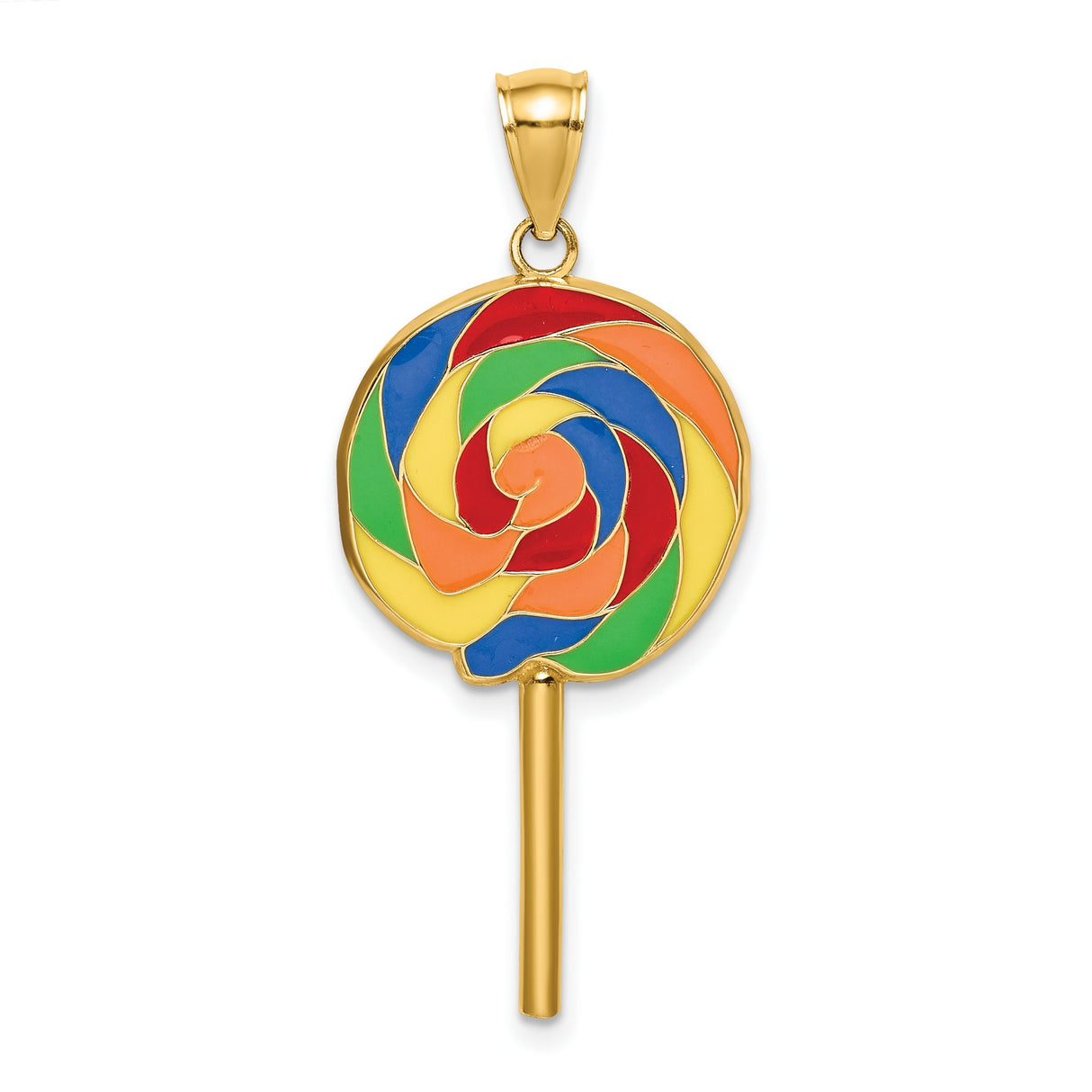 14k Yellow Gold Lollipop Candy Pendant with Colorful Enamel Swirl Design, Whimsical Charm