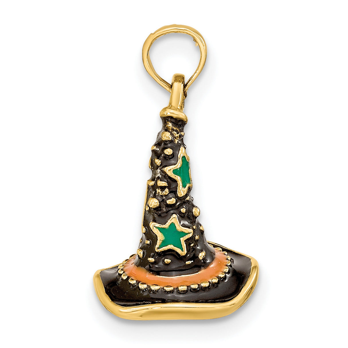 14k Yellow Gold Wizard Hat Pendant with Black Enamel and Green Star Accents, Whimsical Fantasy Theme
