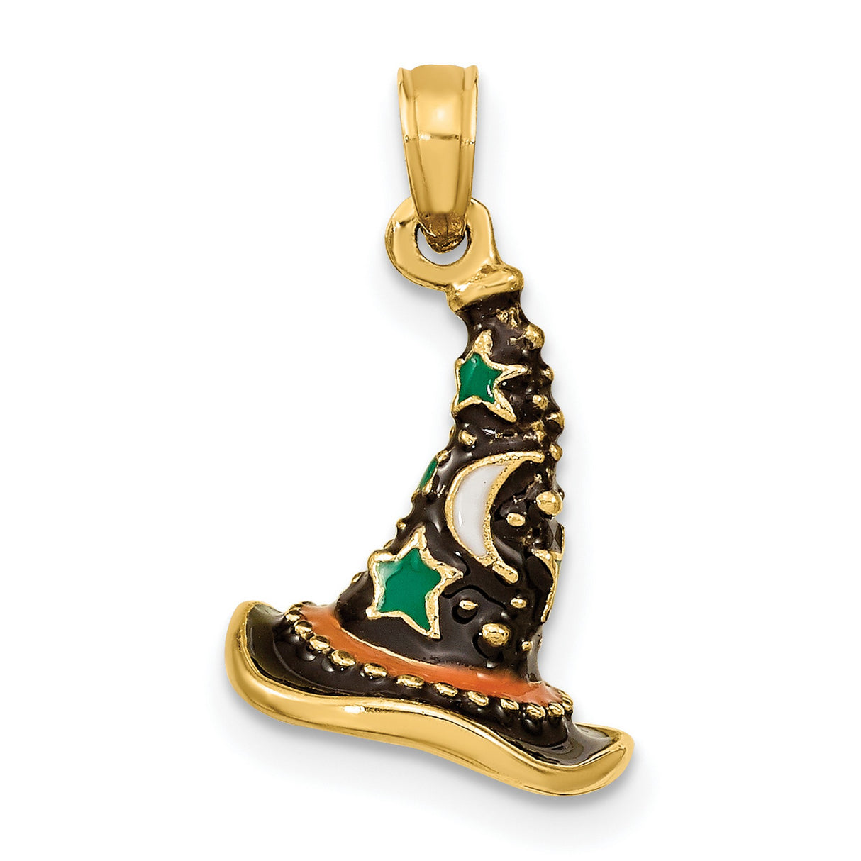 14k Yellow Gold Wizard Hat Pendant with Black Enamel and Green Star Accents, Whimsical Fantasy Theme