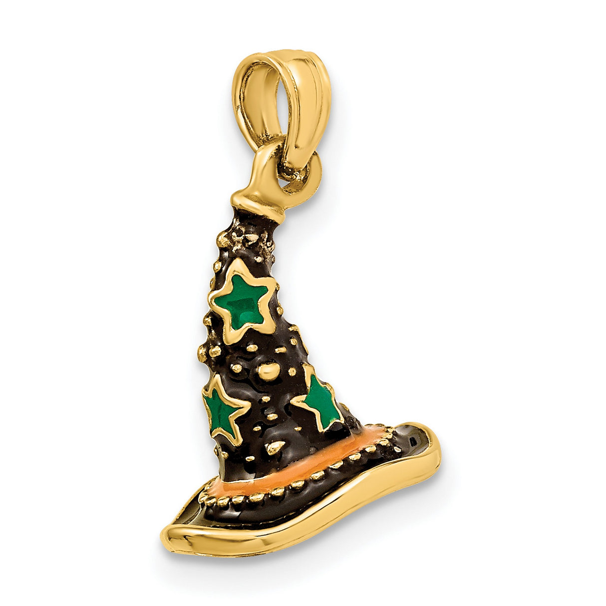 14k Yellow Gold Wizard Hat Pendant with Black Enamel and Green Star Accents, Whimsical Fantasy Theme