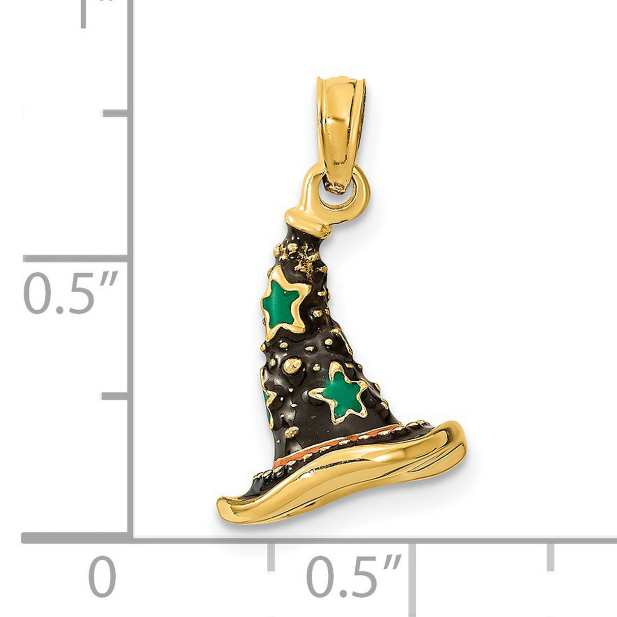 14k Yellow Gold Wizard Hat Pendant with Black Enamel and Green Star Accents, Whimsical Fantasy Theme