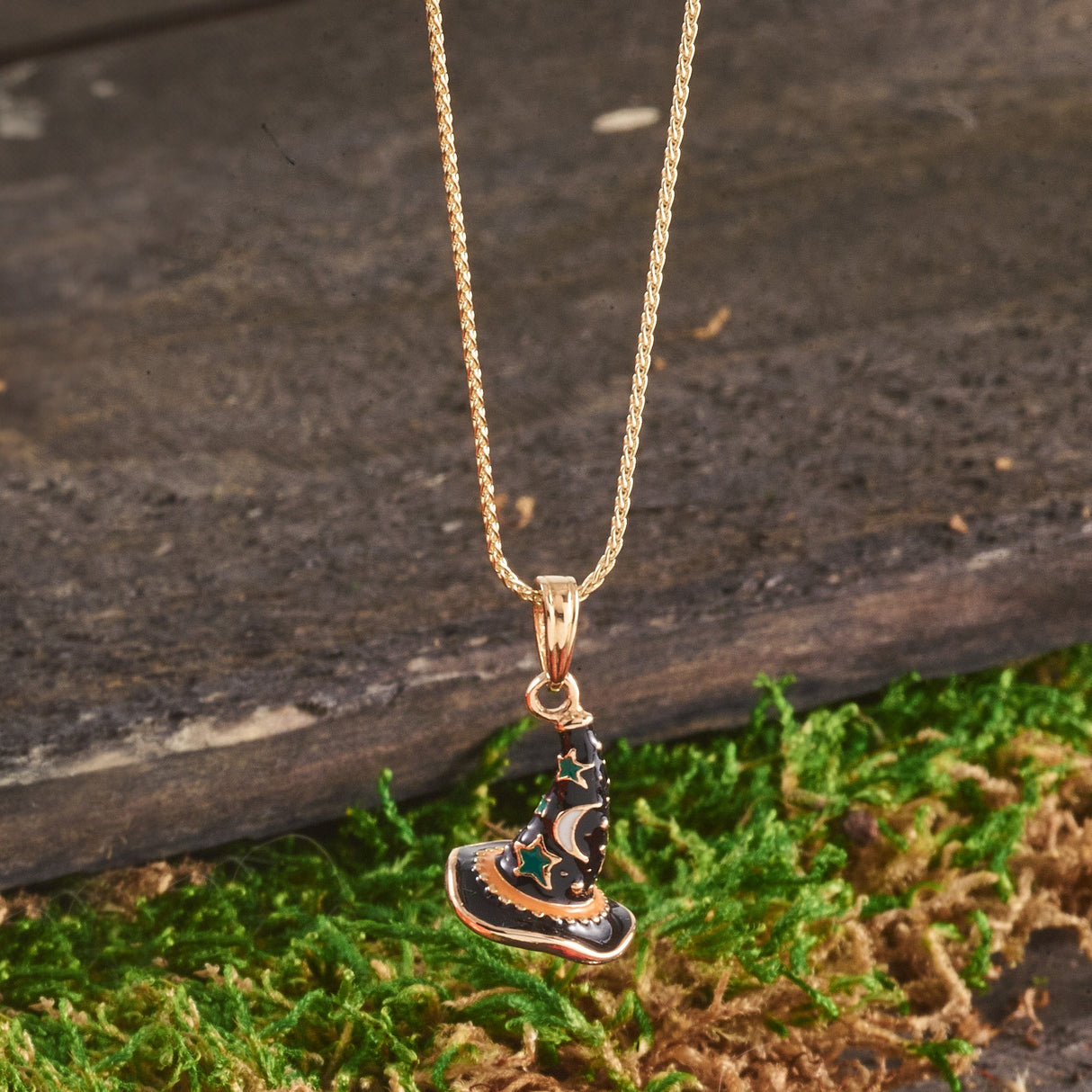 14k Yellow Gold Wizard Hat Pendant with Black Enamel and Green Star Accents, Whimsical Fantasy Theme