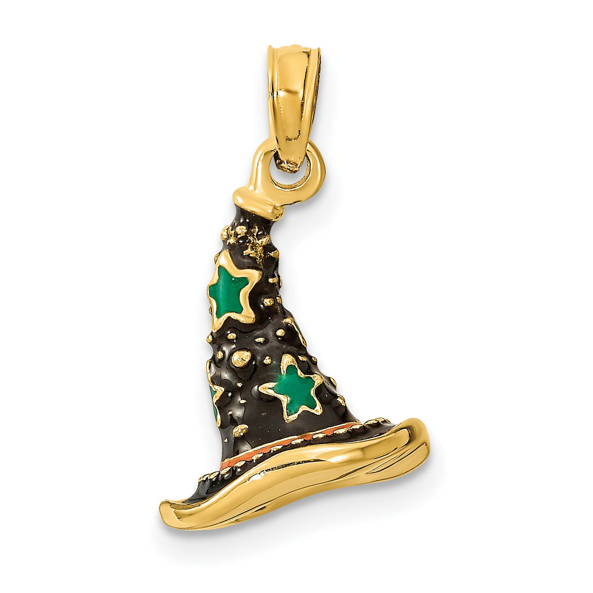 14k Yellow Gold Wizard Hat Pendant with Black Enamel and Green Star Accents, Whimsical Fantasy Theme