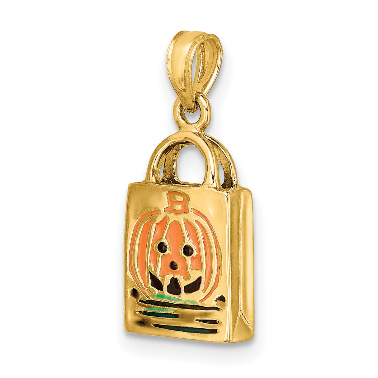 14k Yellow Gold Halloween Pendant with Enamel Jack-o-Lantern Trick or Treat Bag Design
