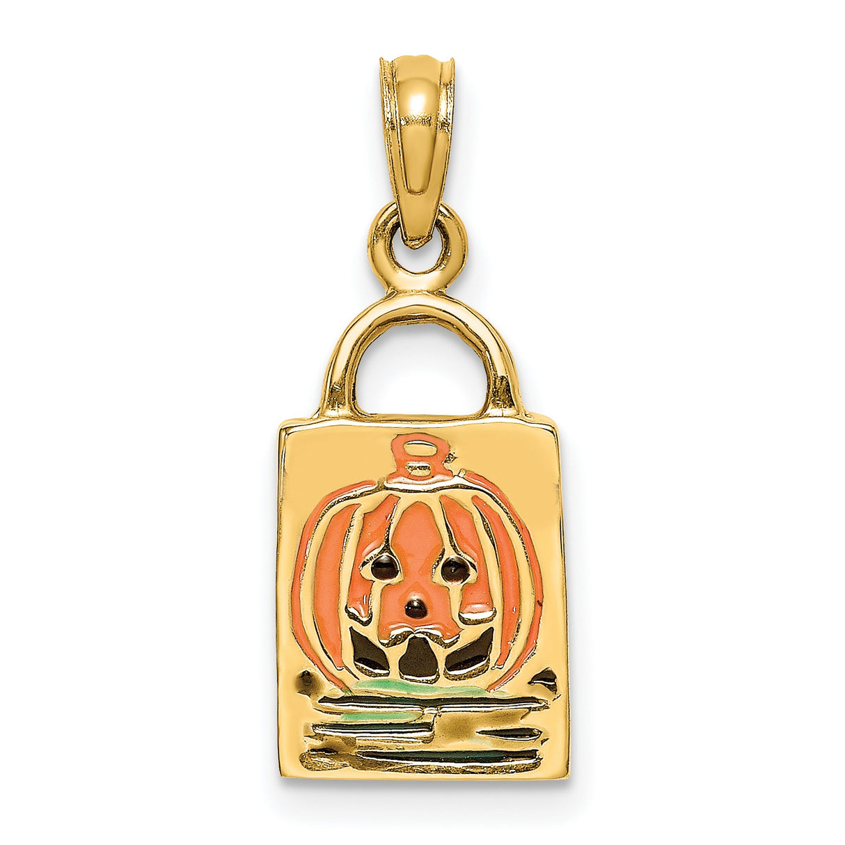 14k Yellow Gold Halloween Pendant with Enamel Jack-o-Lantern Trick or Treat Bag Design
