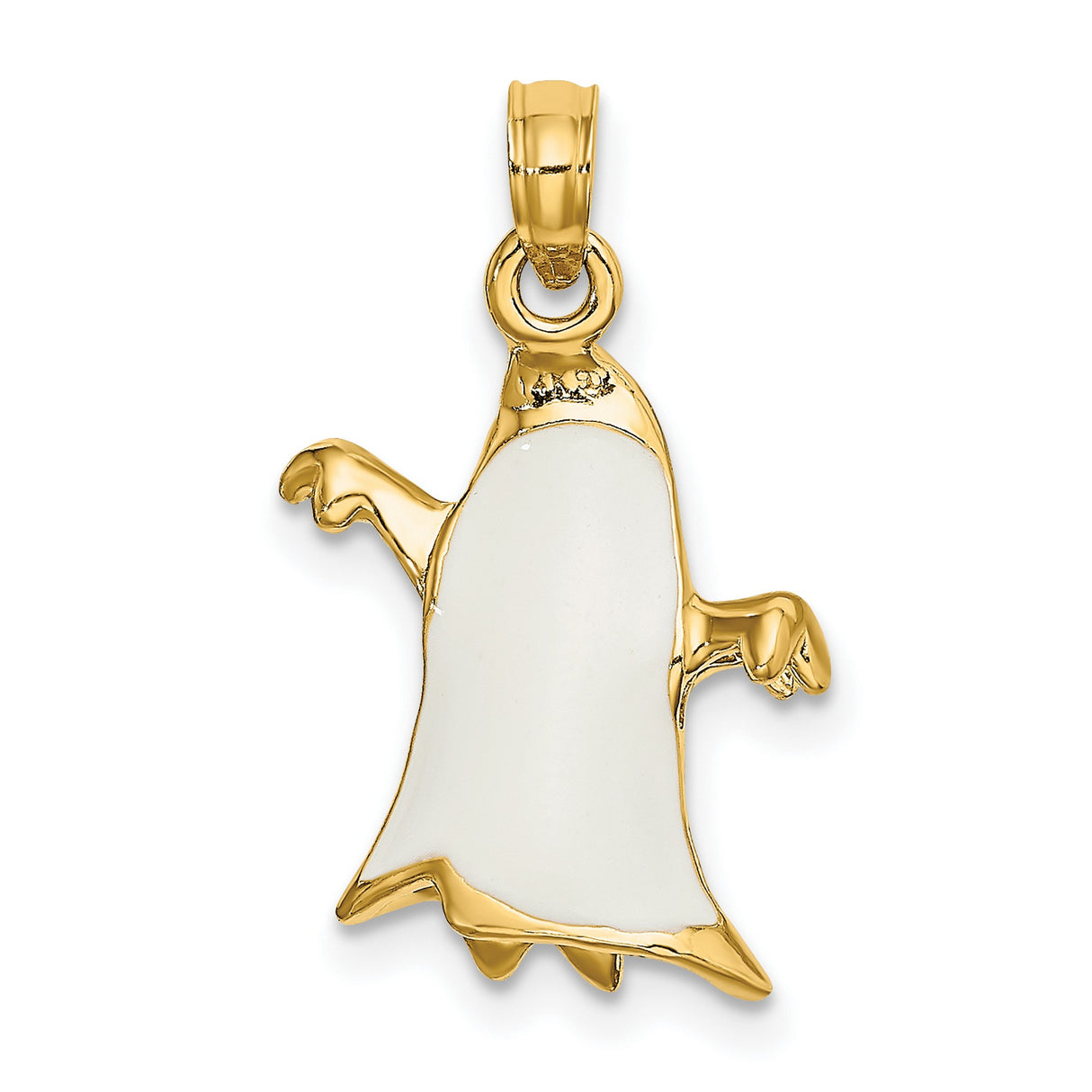 14k Yellow Gold Ghost Pendant with White Enamel Smiling Face, Halloween Charm