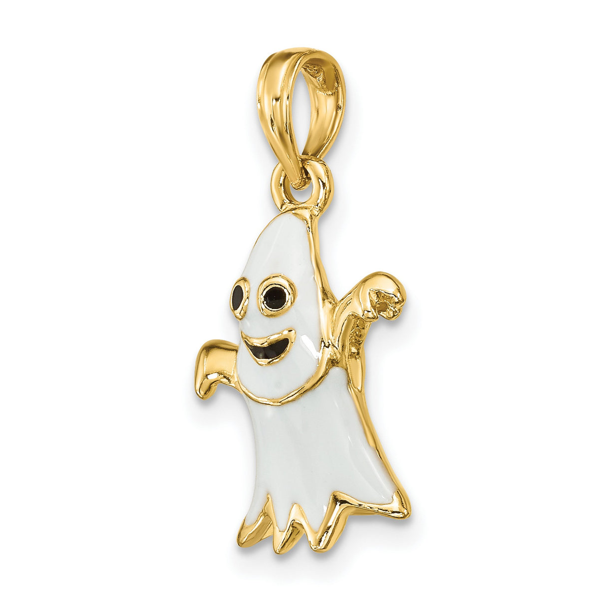 14k Yellow Gold Ghost Pendant with White Enamel Smiling Face, Halloween Charm