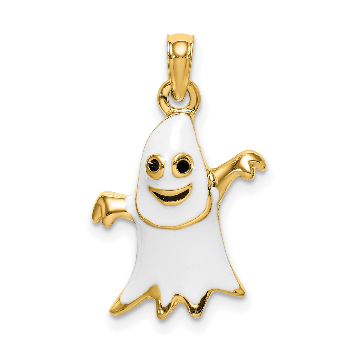 14k Yellow Gold Ghost Pendant with White Enamel Smiling Face, Halloween Charm