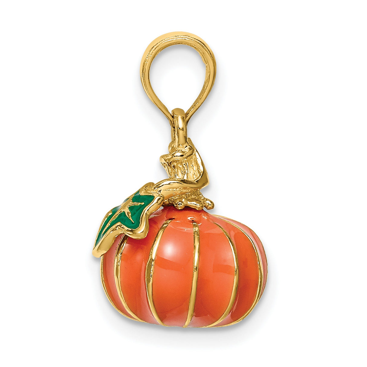 14k Yellow Gold Pumpkin Charm Pendant with Orange and Green Enamel, Halloween Fall Theme