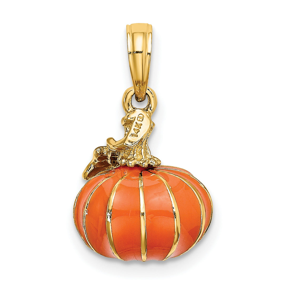 14k Yellow Gold Pumpkin Charm Pendant with Orange and Green Enamel, Halloween Fall Theme