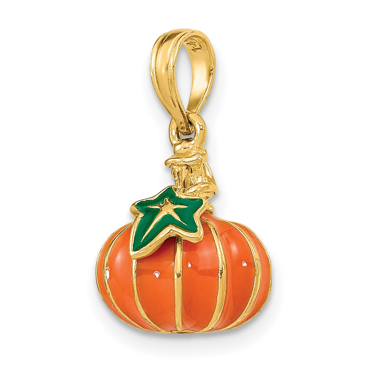 14k Yellow Gold Pumpkin Charm Pendant with Orange and Green Enamel, Halloween Fall Theme