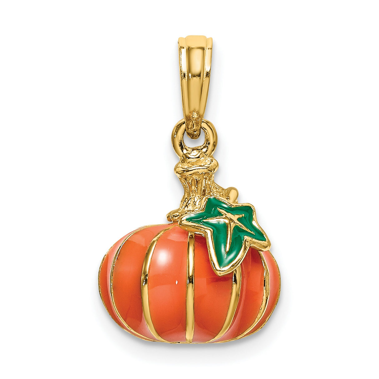 14k Yellow Gold Pumpkin Charm Pendant with Orange and Green Enamel, Halloween Fall Theme