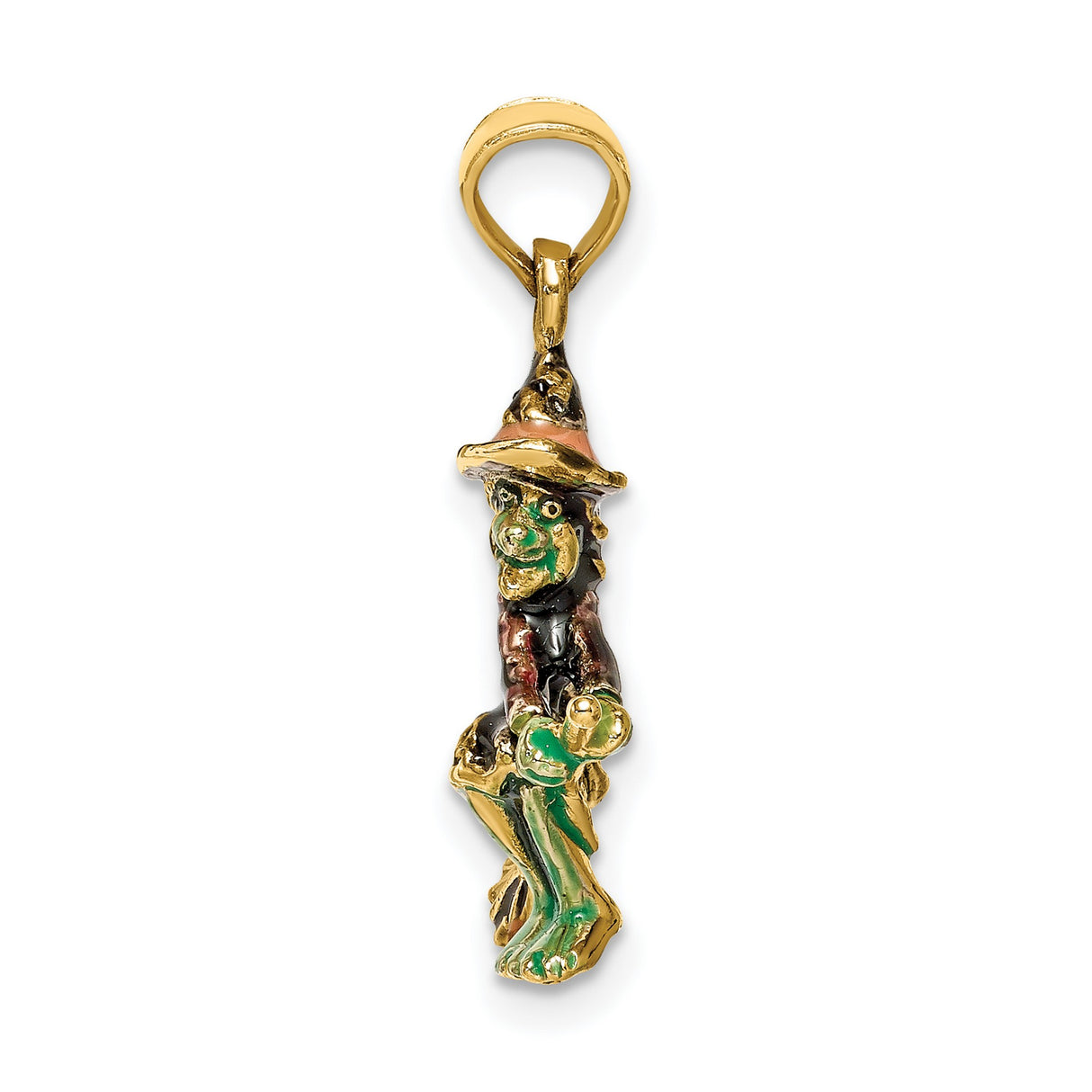 14k Yellow Gold Witch Pendant with Hand-Painted Enamel, Flying Broomstick Charm, Halloween Theme