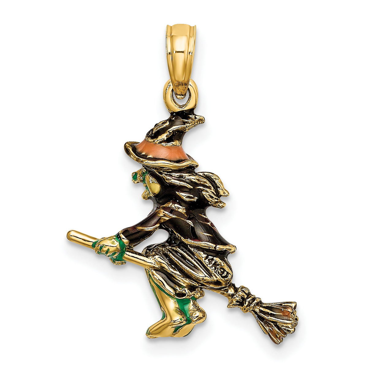 14k Yellow Gold Witch Pendant with Hand-Painted Enamel, Flying Broomstick Charm, Halloween Theme
