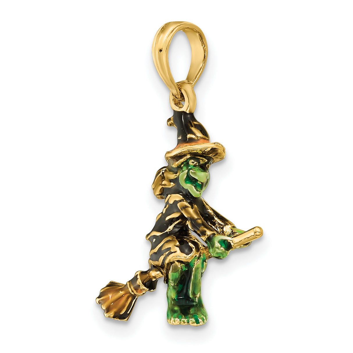 14k Yellow Gold Witch Pendant with Hand-Painted Enamel, Flying Broomstick Charm, Halloween Theme