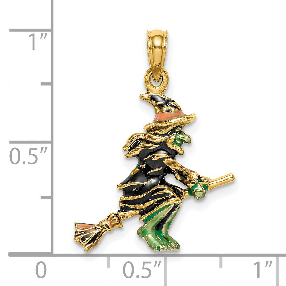 14k Yellow Gold Witch Pendant with Hand-Painted Enamel, Flying Broomstick Charm, Halloween Theme