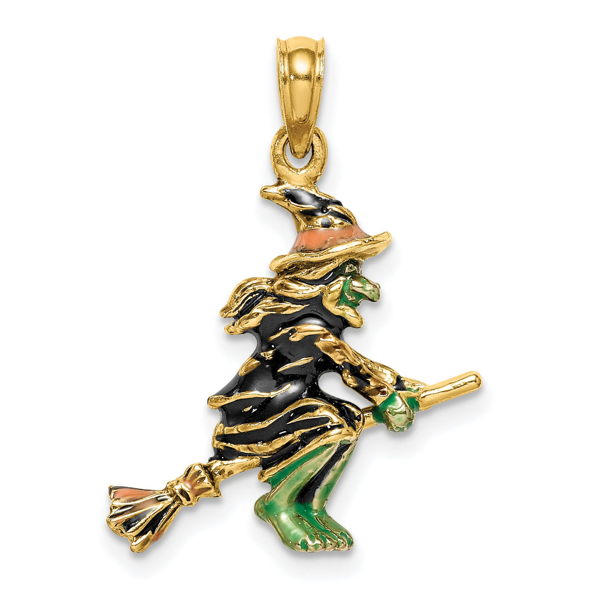 14k Yellow Gold Witch Pendant with Hand-Painted Enamel, Flying Broomstick Charm, Halloween Theme