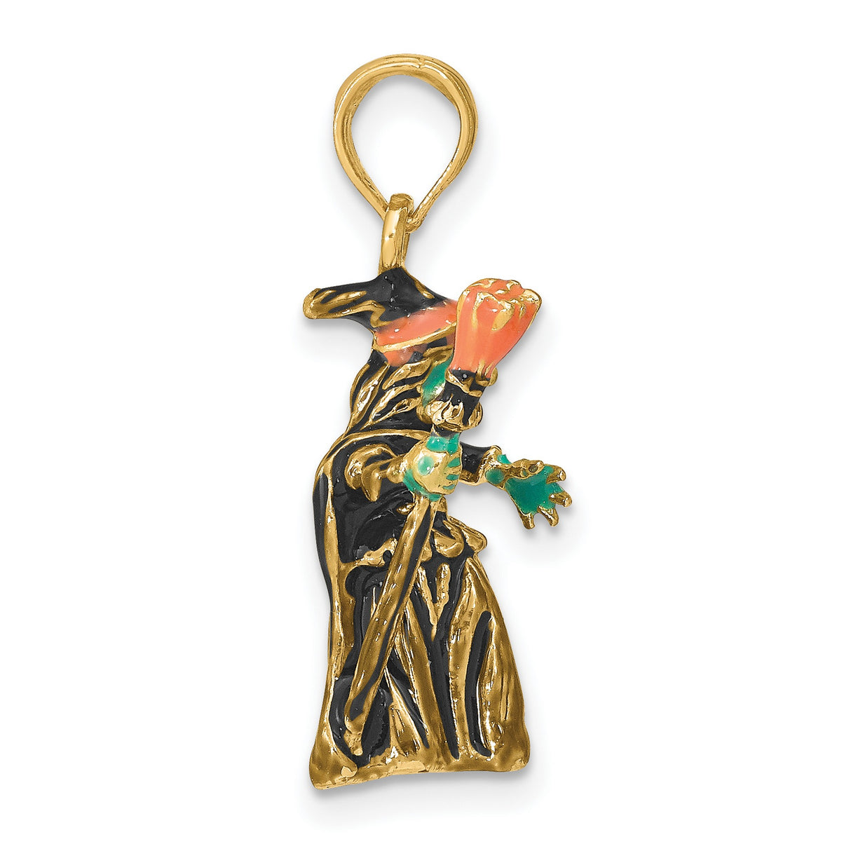 14k Yellow Gold Wizard Pendant with Enamel Robe and Staff, 3D Fantasy Sorcerer Charm