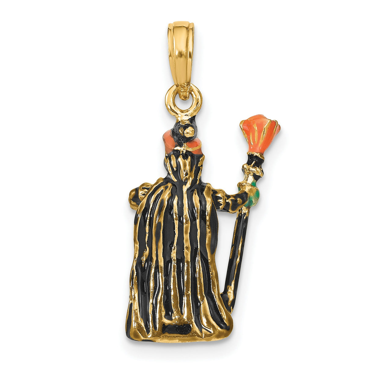 14k Yellow Gold Wizard Pendant with Enamel Robe and Staff, 3D Fantasy Sorcerer Charm