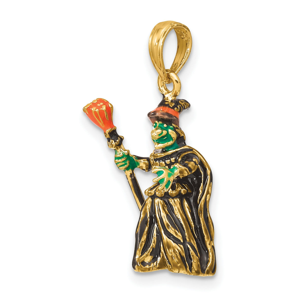 14k Yellow Gold Wizard Pendant with Enamel Robe and Staff, 3D Fantasy Sorcerer Charm