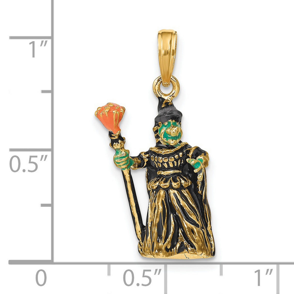 14k Yellow Gold Wizard Pendant with Enamel Robe and Staff, 3D Fantasy Sorcerer Charm