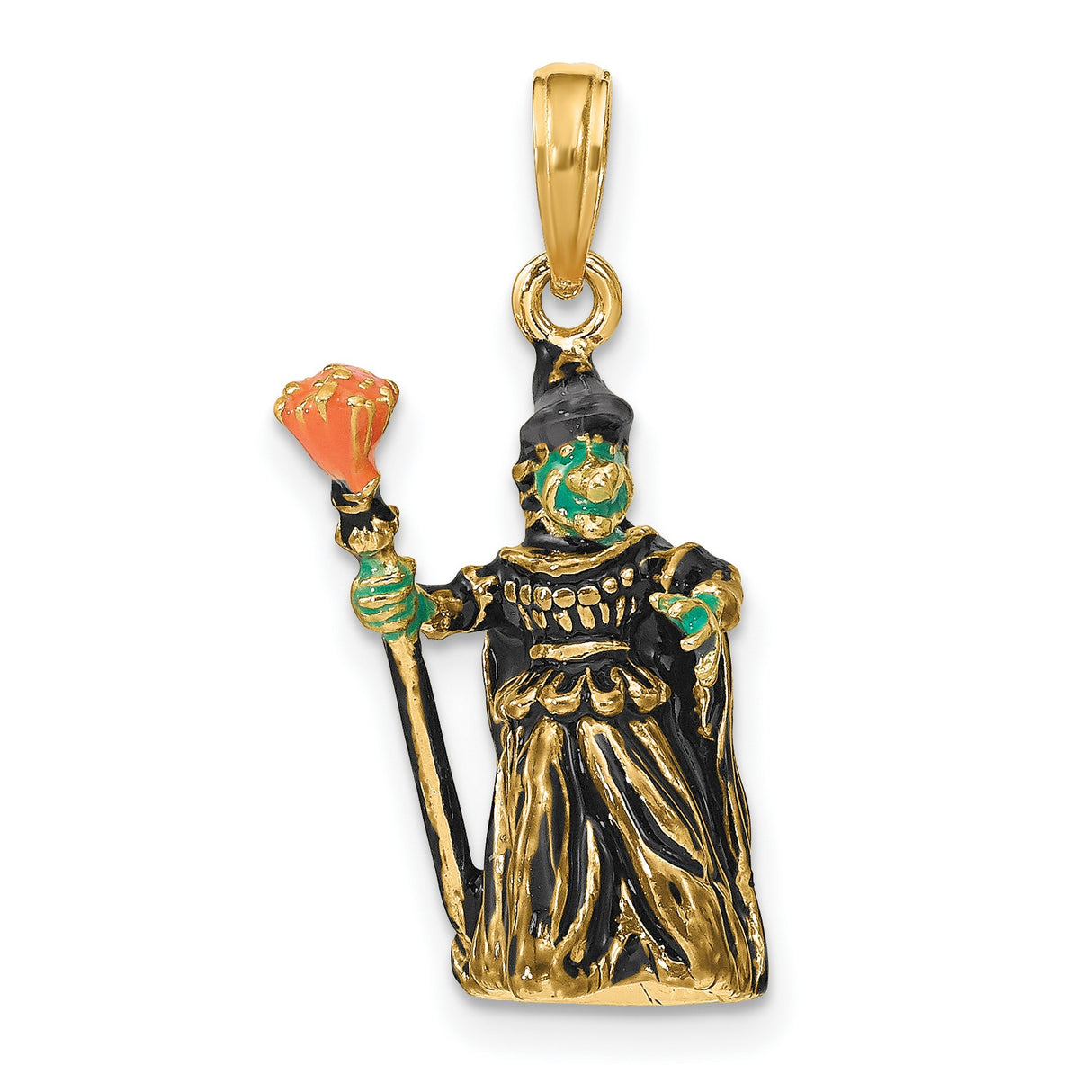 14k Yellow Gold Wizard Pendant with Enamel Robe and Staff, 3D Fantasy Sorcerer Charm