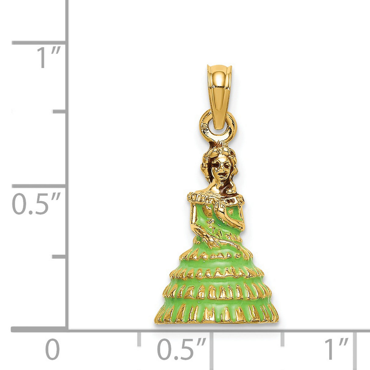 14k Yellow Gold Pendant, Quinceañera Woman in Green Dress, Latina Cultural Charm