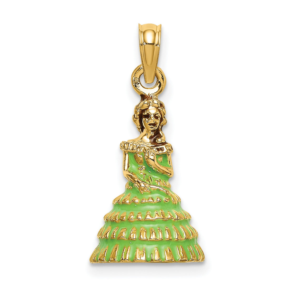 14k Yellow Gold Pendant, Quinceañera Woman in Green Dress, Latina Cultural Charm
