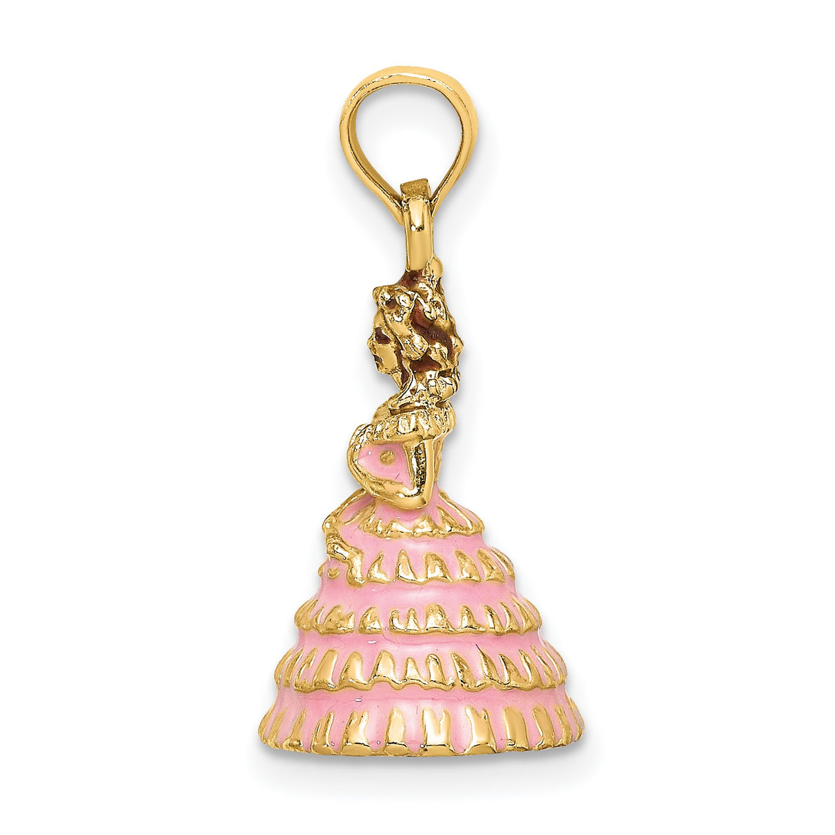 14k Yellow Gold Quinceañera Pendant with Pink Enamel Ruffled Dress Charm