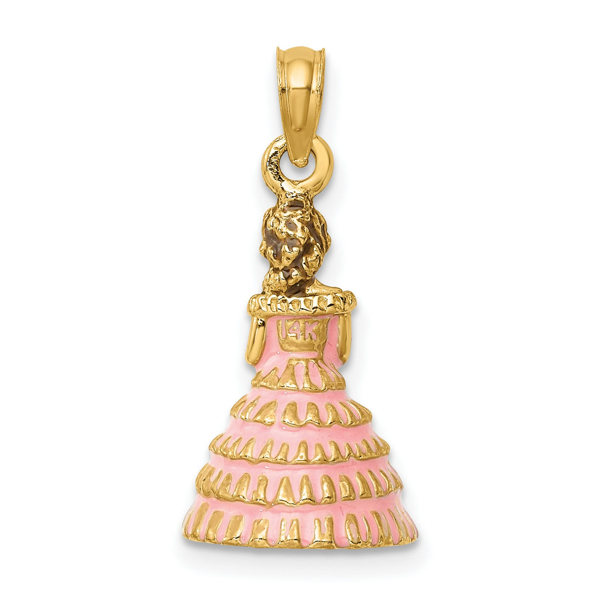 14k Yellow Gold Quinceañera Pendant with Pink Enamel Ruffled Dress Charm
