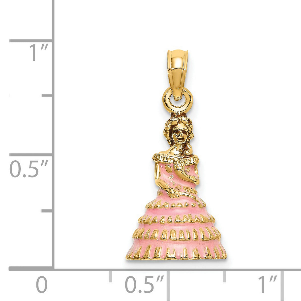14k Yellow Gold Quinceañera Pendant with Pink Enamel Ruffled Dress Charm
